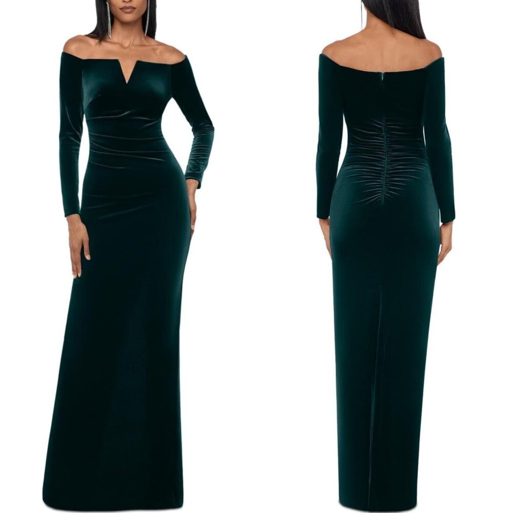 Off-Shoulder Emerald Green Velvet Evening Gown